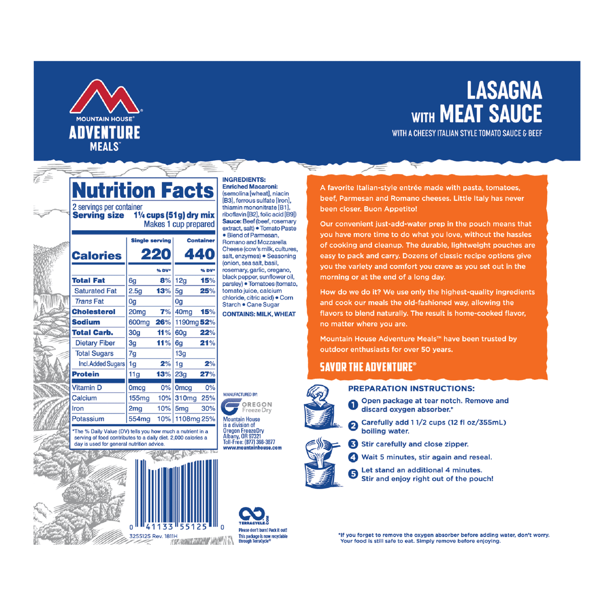mountain house lasagna with meat sauce nutrition facts