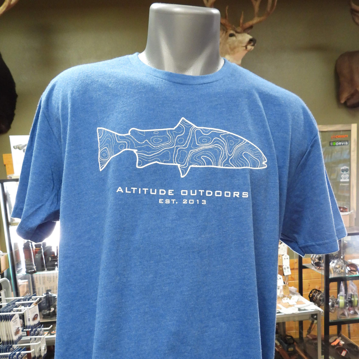 Features a Trout outline across the chest with Altitude Outdoors underneath