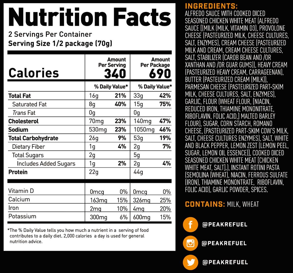 Chicken alfredo pasta peak refuel nutritin facts