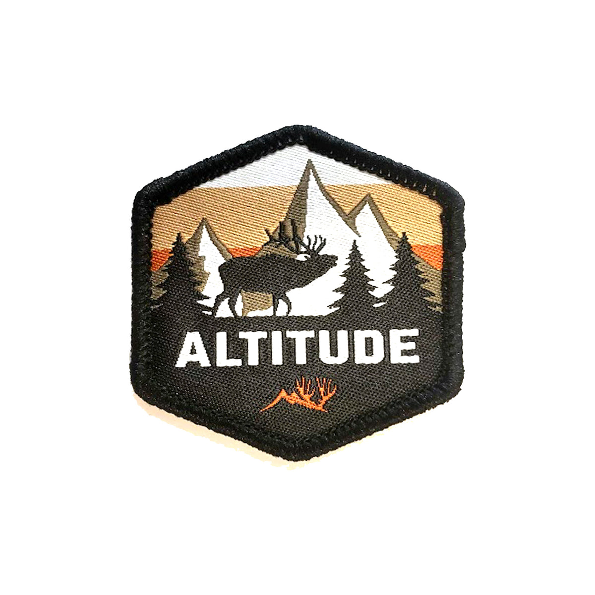 A Hexagonal shaped patch for hats and features a bull elk in the rut with Altitude in bold caps below the bull.