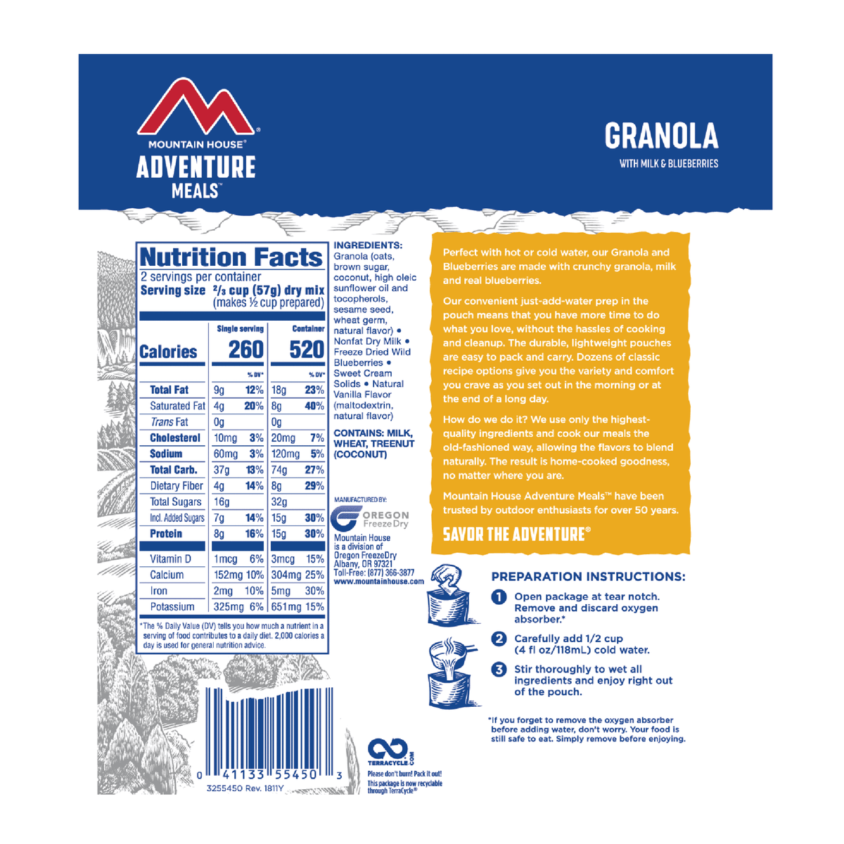 mountain house granola with milk and blueberries nutrition facts