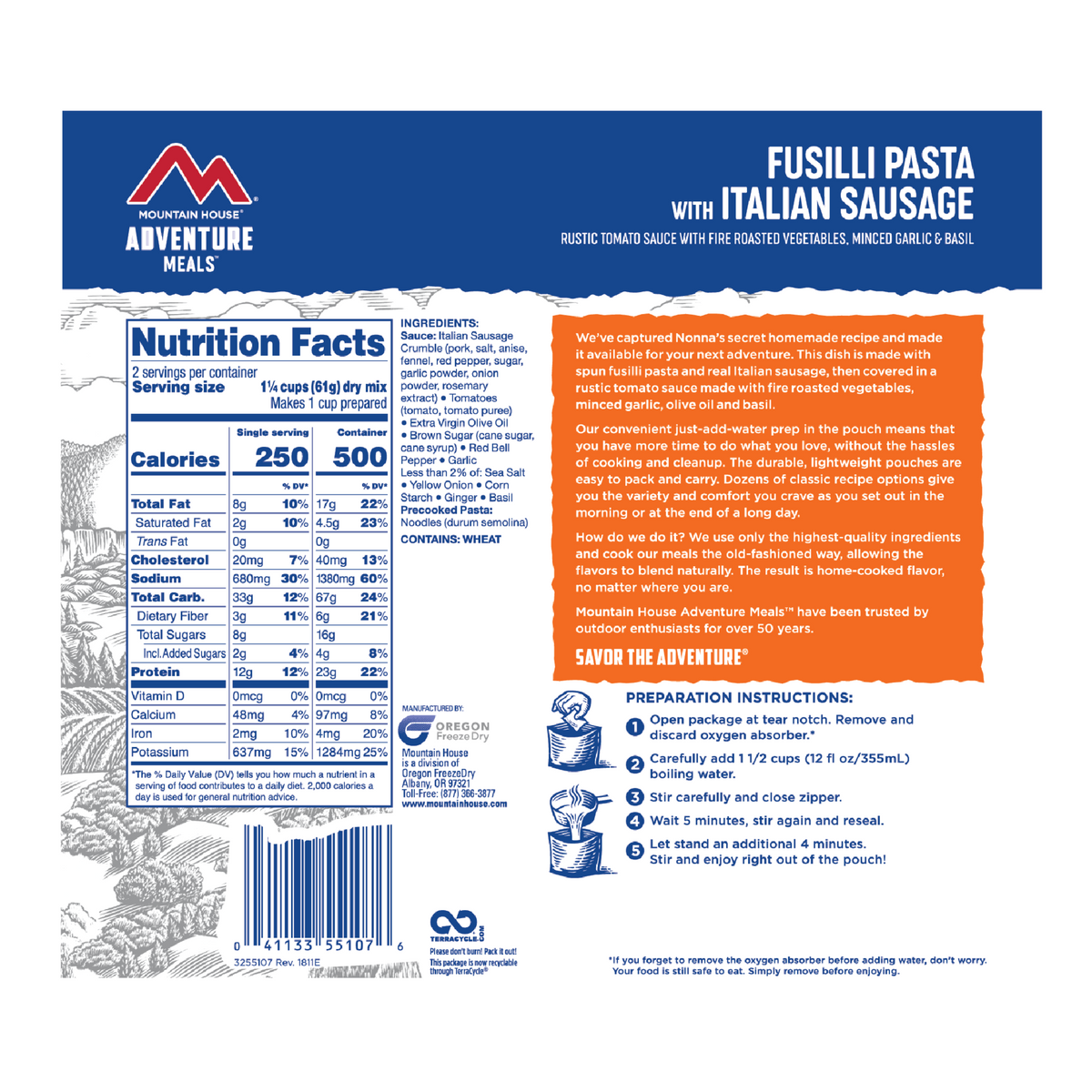 Mountain house Fusilli Pasta with Italian Sausage nutrition facts