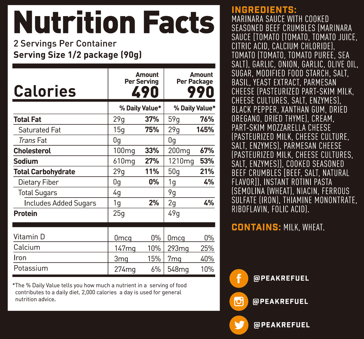 Beef pasta marinara nutrition facts