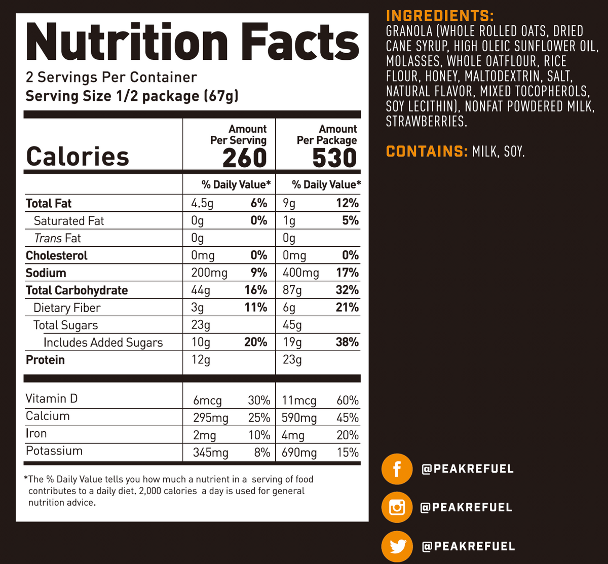 peak refuel strawberry granola nutrition facts