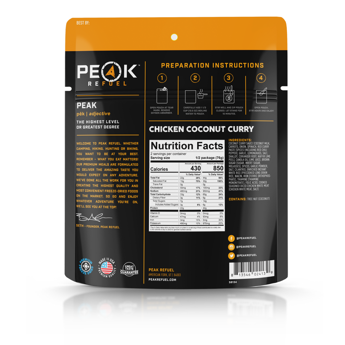 peak fuel chicken coconut curry nutrition facts