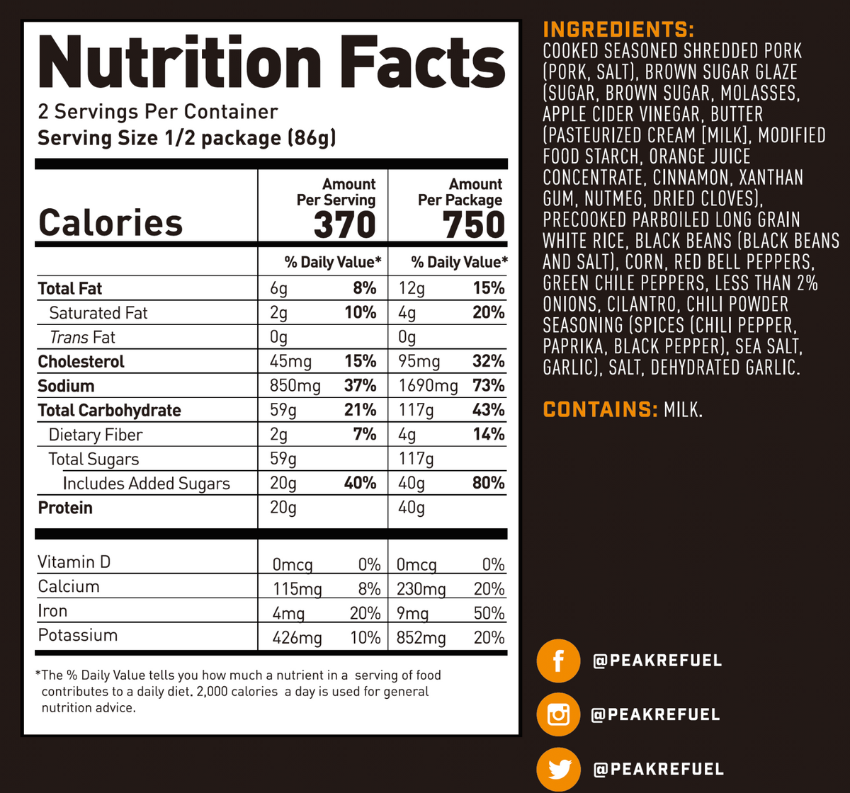 sweet pork and rice peak refuel nutrition facts