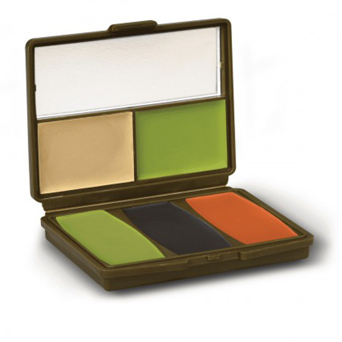 5 Color Camo-Compac, a versatile camouflage compact designed for hunters to blend in with their surroundings. The compact features five different colors - brown, tan, green, black, and white - and is small enough to fit in a hunting pack. Ideal for hunting in various terrains and environments