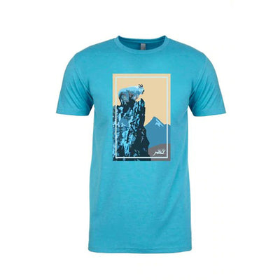 Blue T-shirt featuring a Mountain Goat perched on a cliff edge.