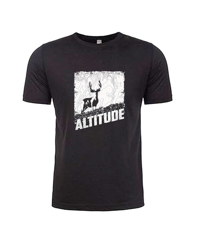 Black Hunting / Backpacking T-shirt with Altitude Mule Deer Buck / Topo Map