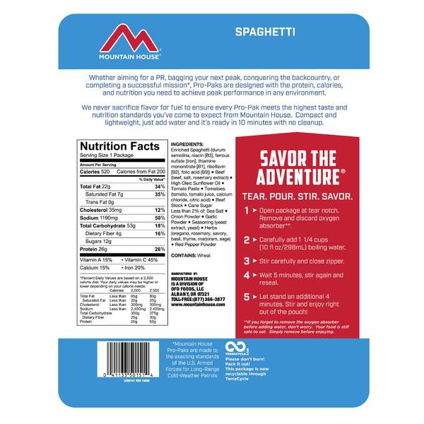 mountain house pro-pak spaghetti nutrition facts