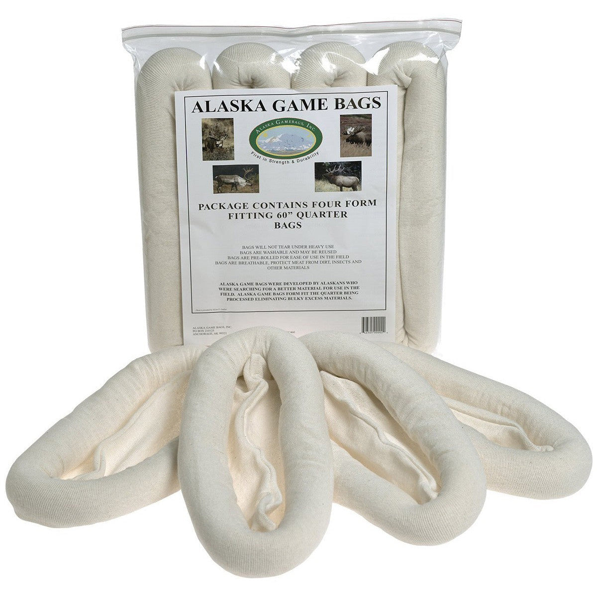 Game bags for use of big game animals such as elk, deer, caribou, and moose, used for hunting in the outdoors