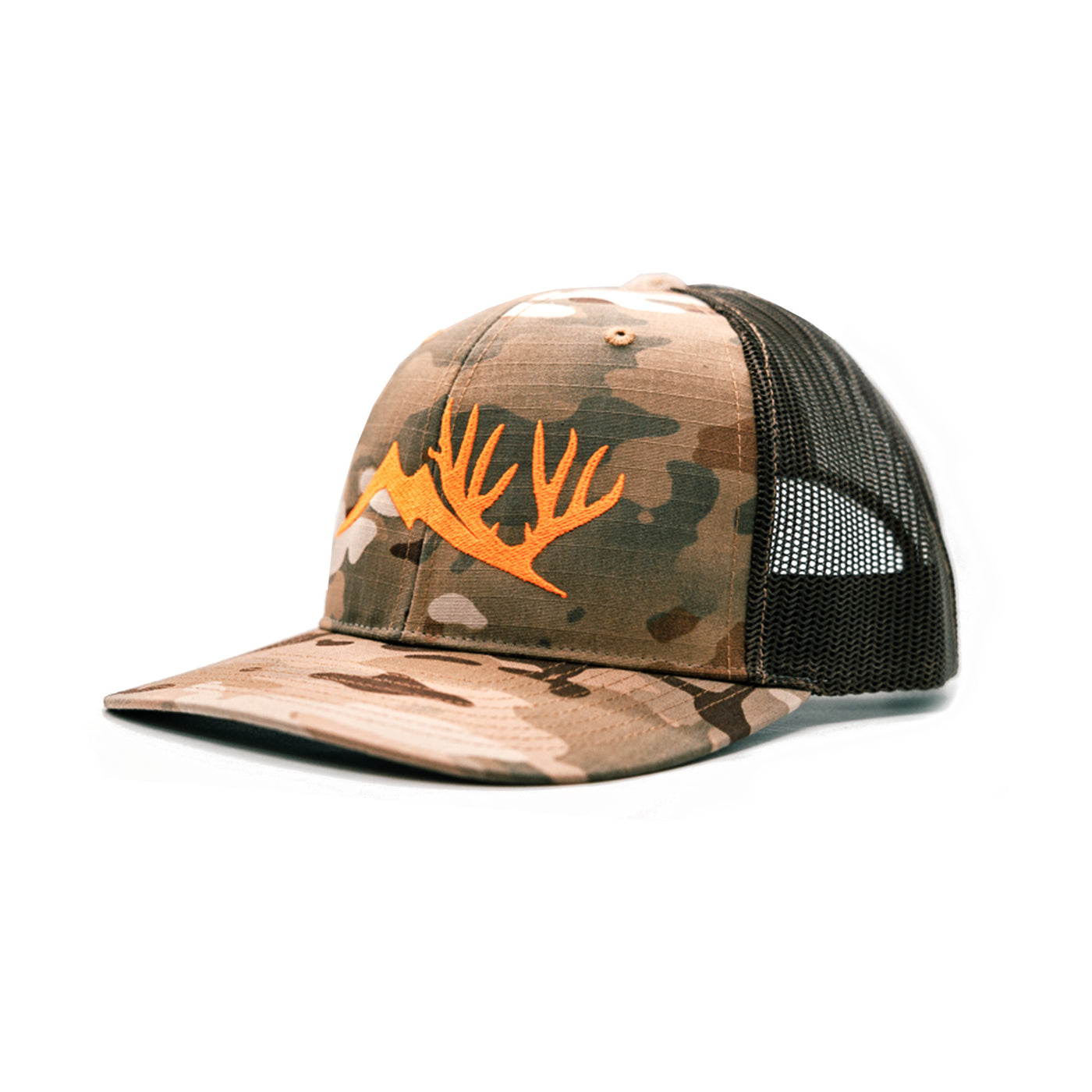 Ball Cap with Camo brim and Forehead with Altitude Outdoors Orange logo, Black netting