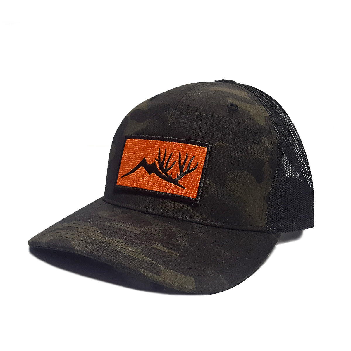 Camouflage ball cap, with black netting, and orange altitude logo patch on forehead 