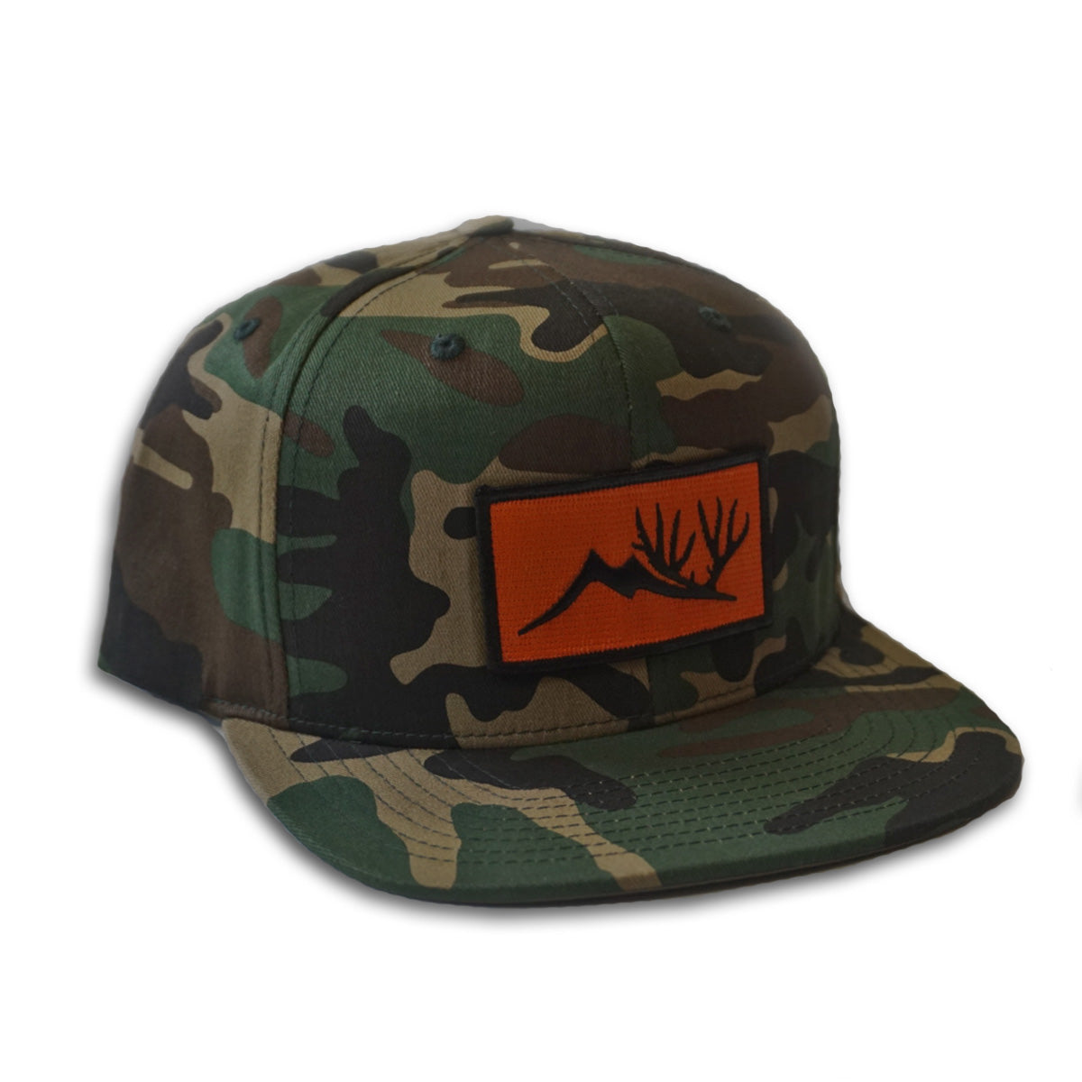 Camouflage trucker hat that has an altitude logo patch emblazed on the forehead