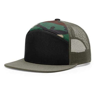 Ball Cap with Grey Brim, Black forehead, and  Camo hairline area, with Grey netting.