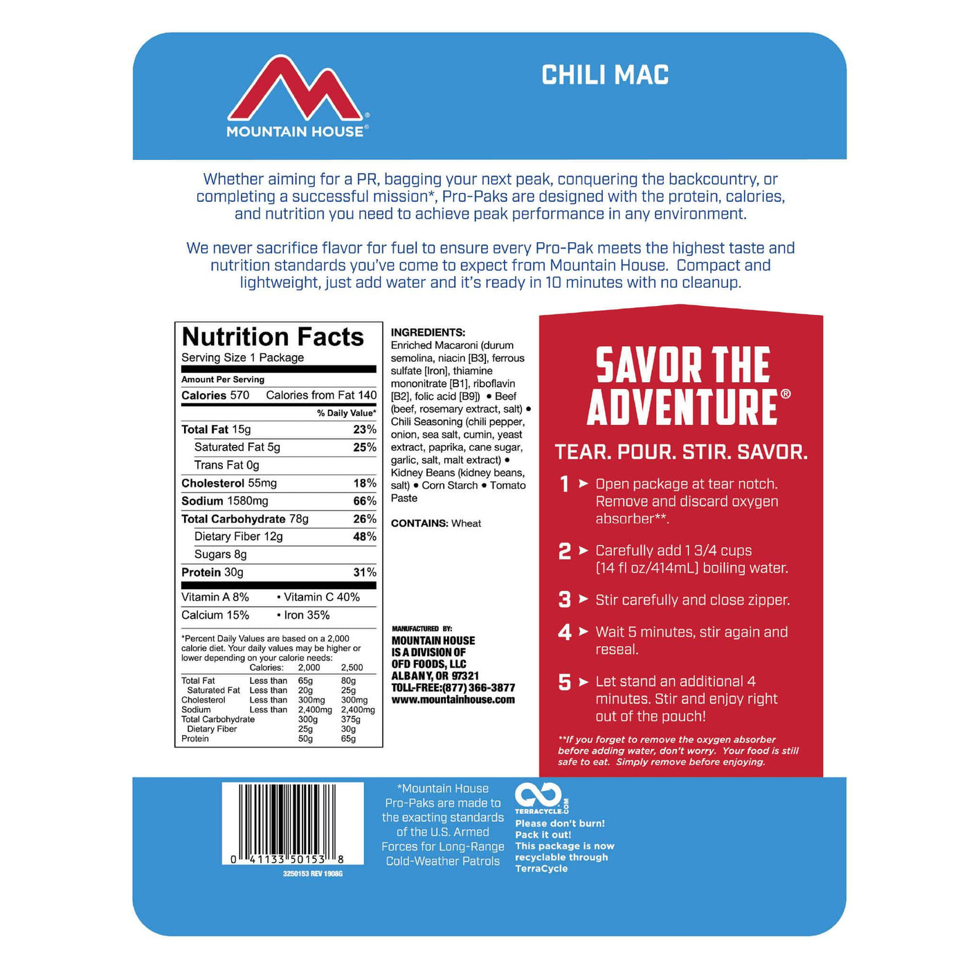 mountain house chili mac pro-pak nutrition facts 