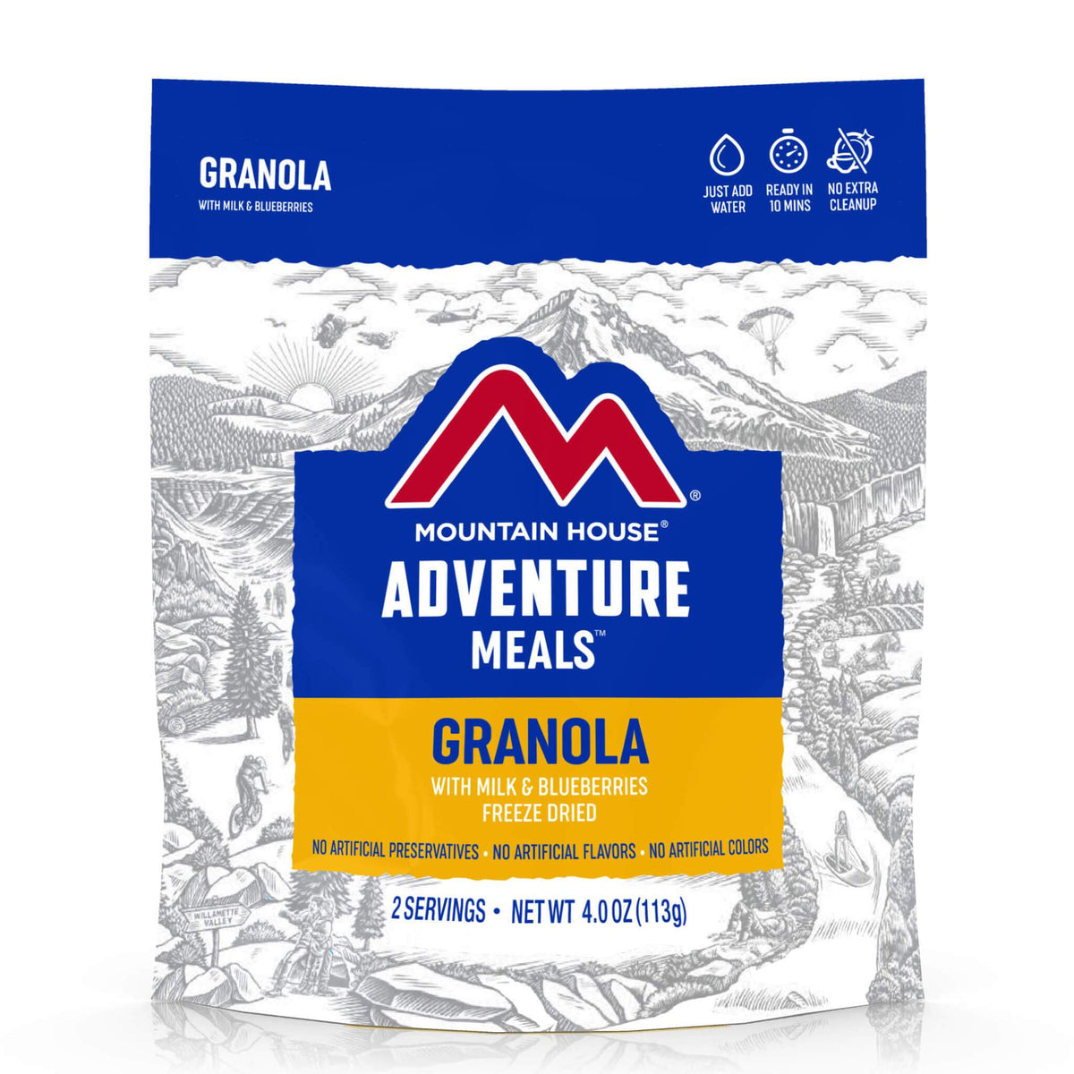 mountain house granola with milk and blueberries 