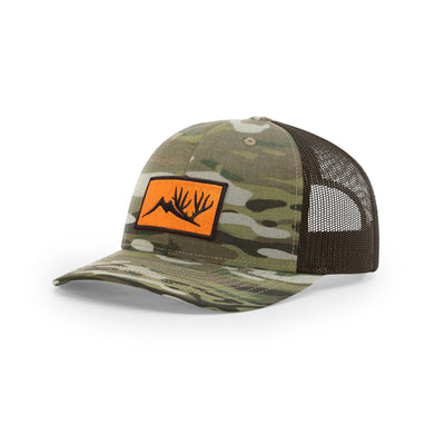 Camo ball cap with brown netting and orange altitude logo patch on forehead