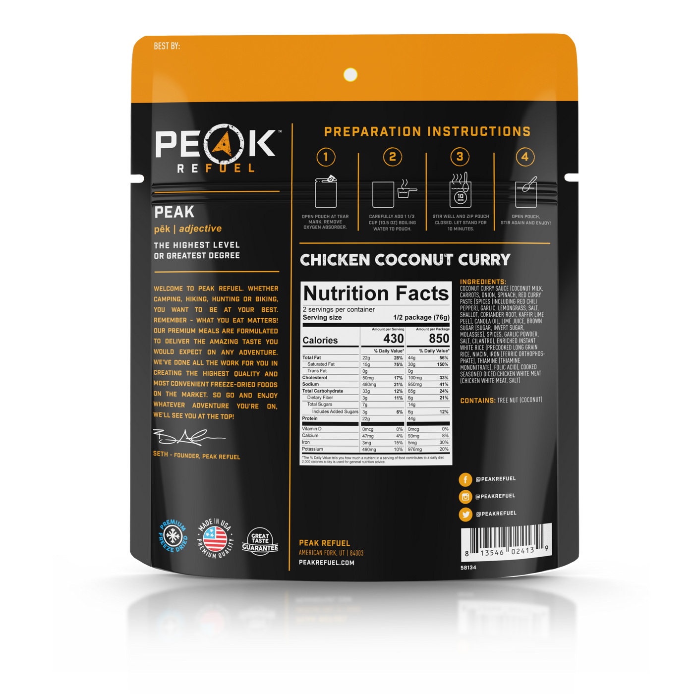 peak fuel chicken coconut curry nutrition facts 