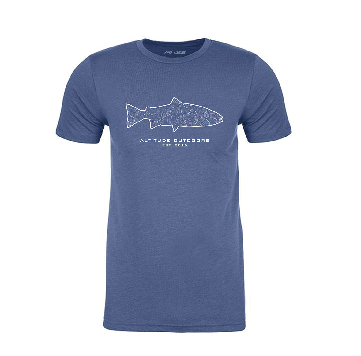 Features a Trout outline across the chest with Altitude Outdoors underneath, Est. 2016