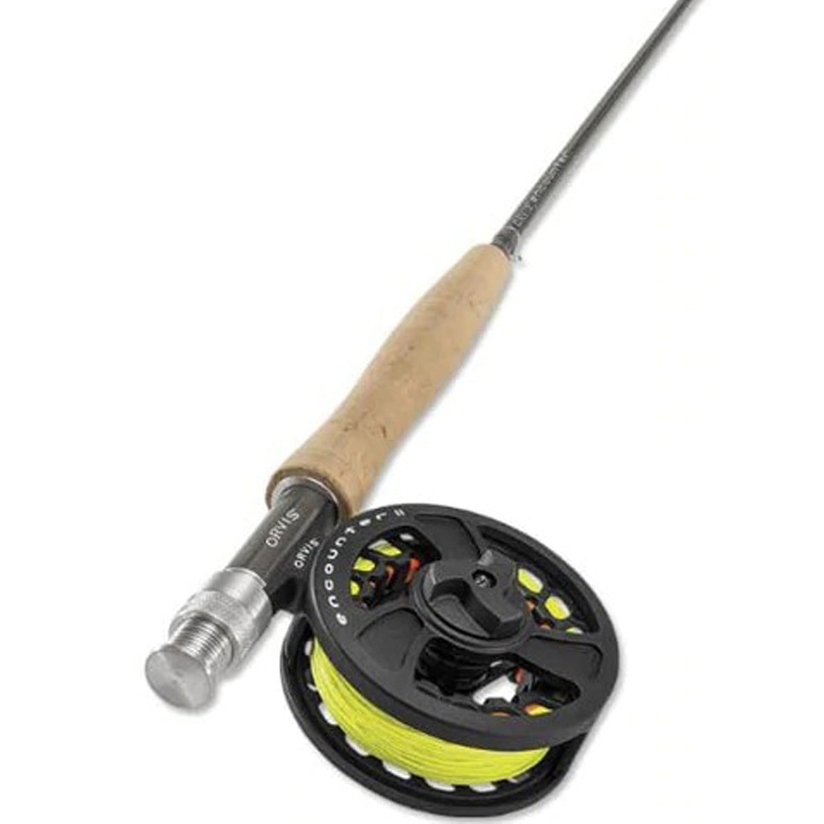The Orvis Encounter Fly Rod Outfit which is the Reel with spooled with a yellow fly line and the reel is attached to the encounter fly rod
