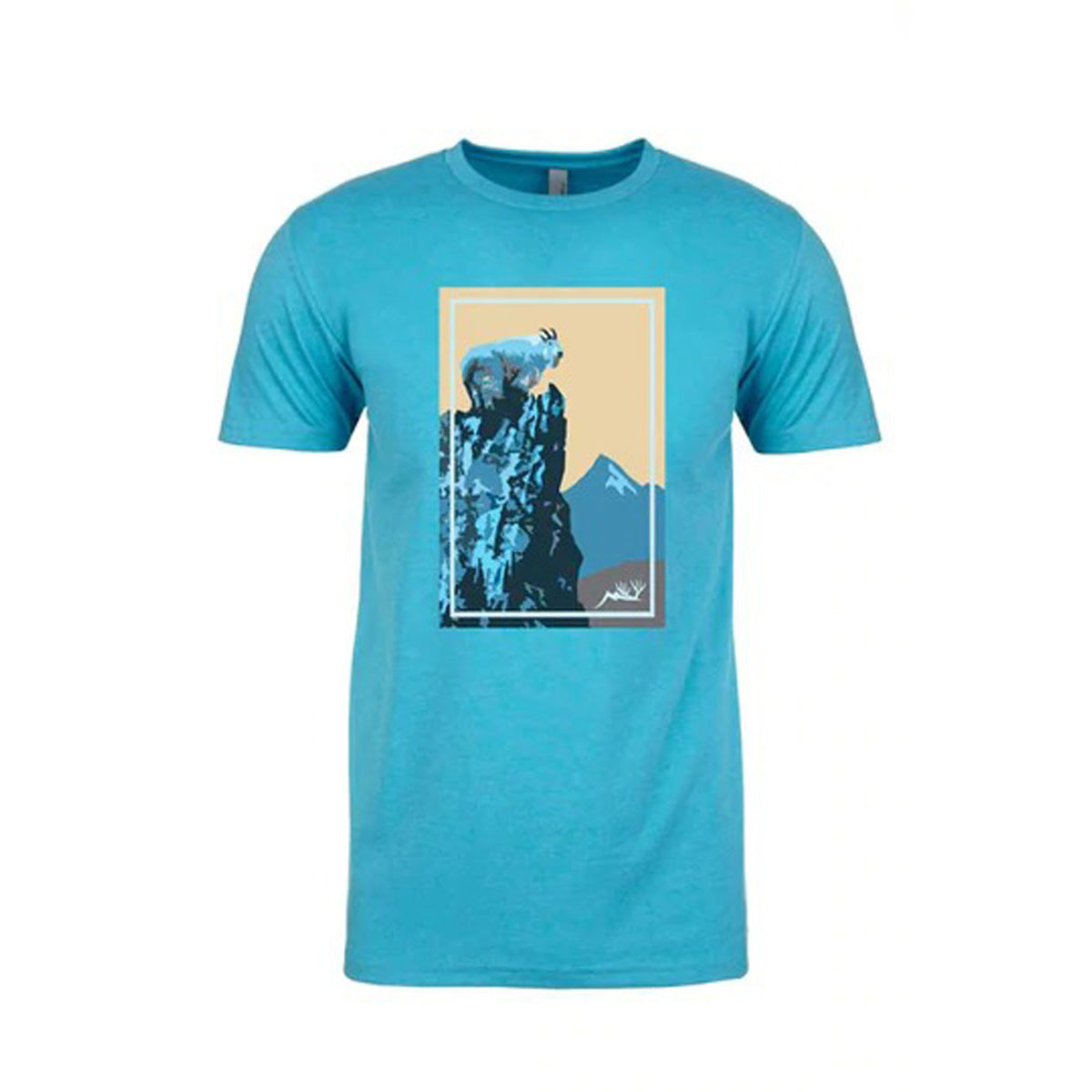 Blue T-shirt featuring a Mountain Goat perched on a cliff edge.