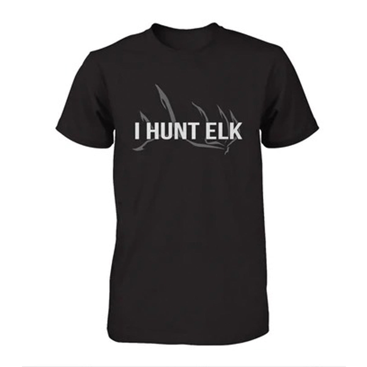 T-shirt featuring an I Hunt Elk print with a faint Grey Elk Antler outline  as a background