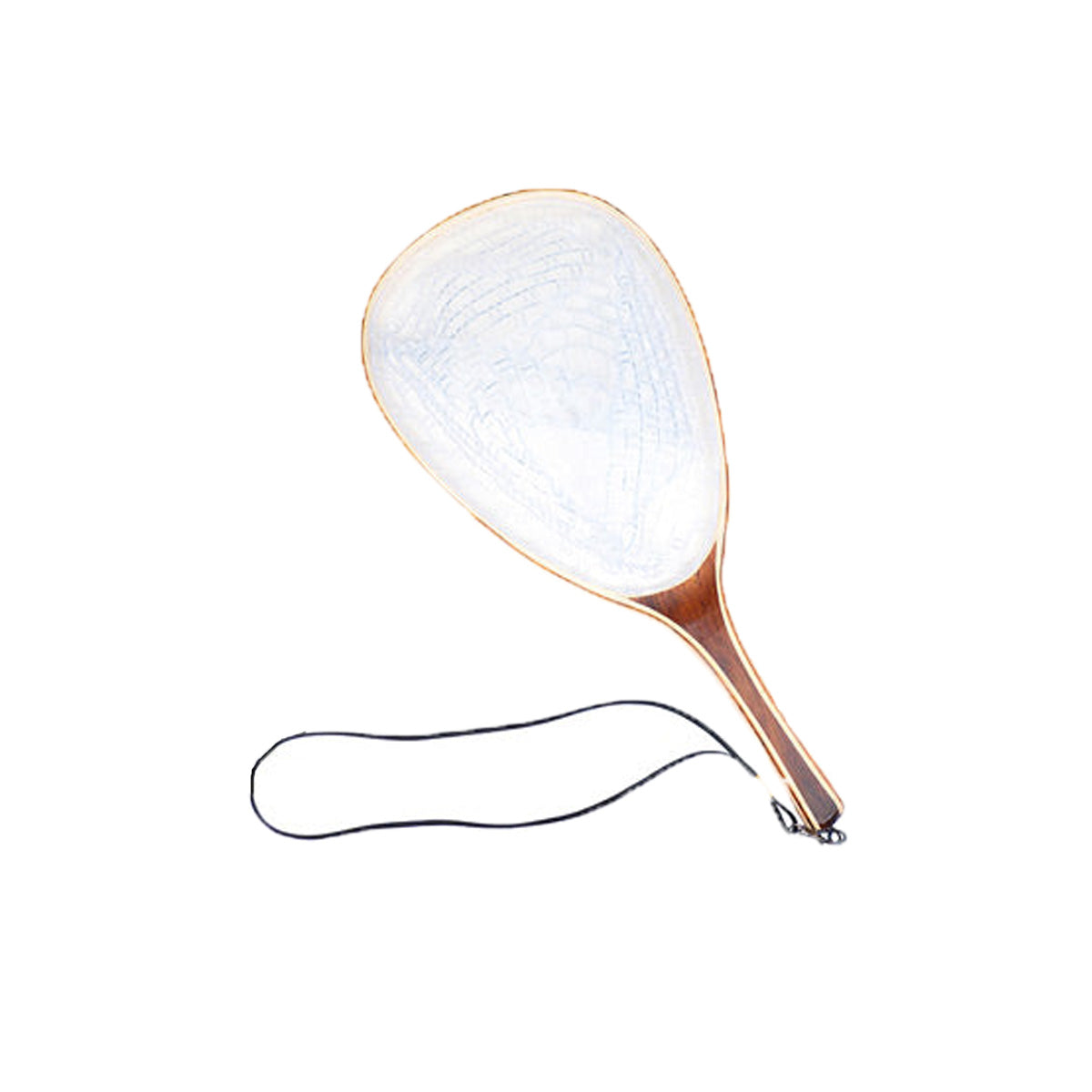 Wooden handle and frame, fishing net that has black lanyard and clear netting.
